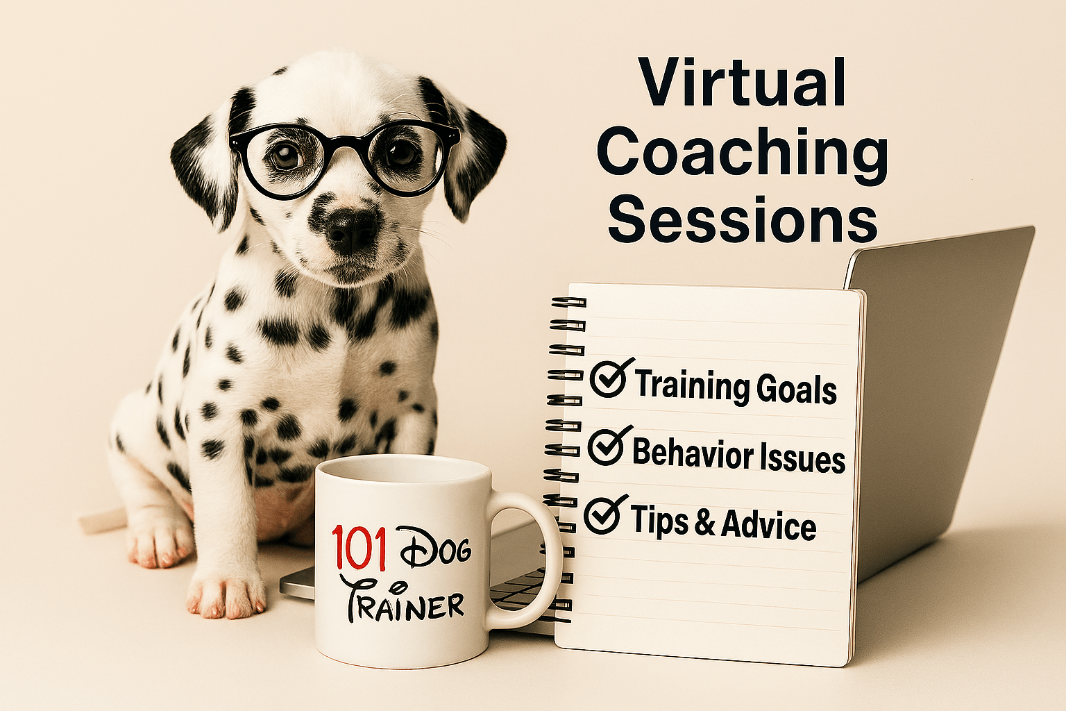 virtual coaching sessions mary kay Dalmatian puppy wearing glasses sits by a laptop with a mug and a notebook listing topics for virtual coaching sessions: training goals, behavior issues, tips and advice.
